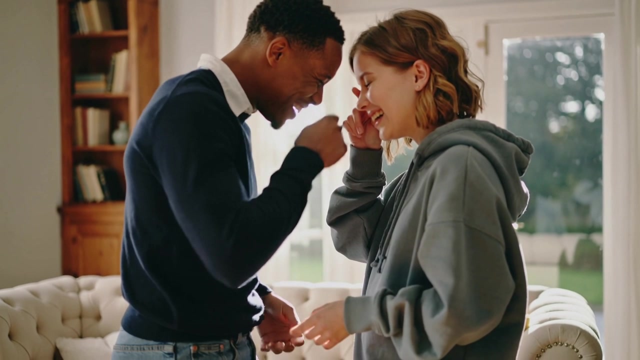 Making eye contact, laughing couple in sweater, hoodie wiping eyes, holding hands by sofa at home