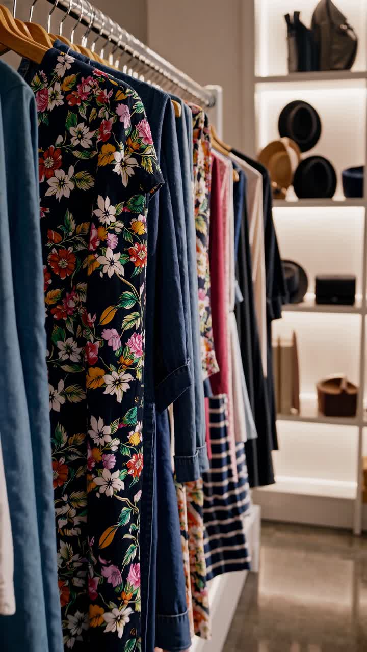A video showcasing a side-angle view of a stylish clothing rack with vibrant floral and neutral