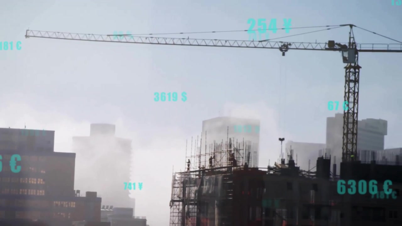 Camera panning misty skyline, crane moving right, scaffolding emerging, sensor overlays monitoring