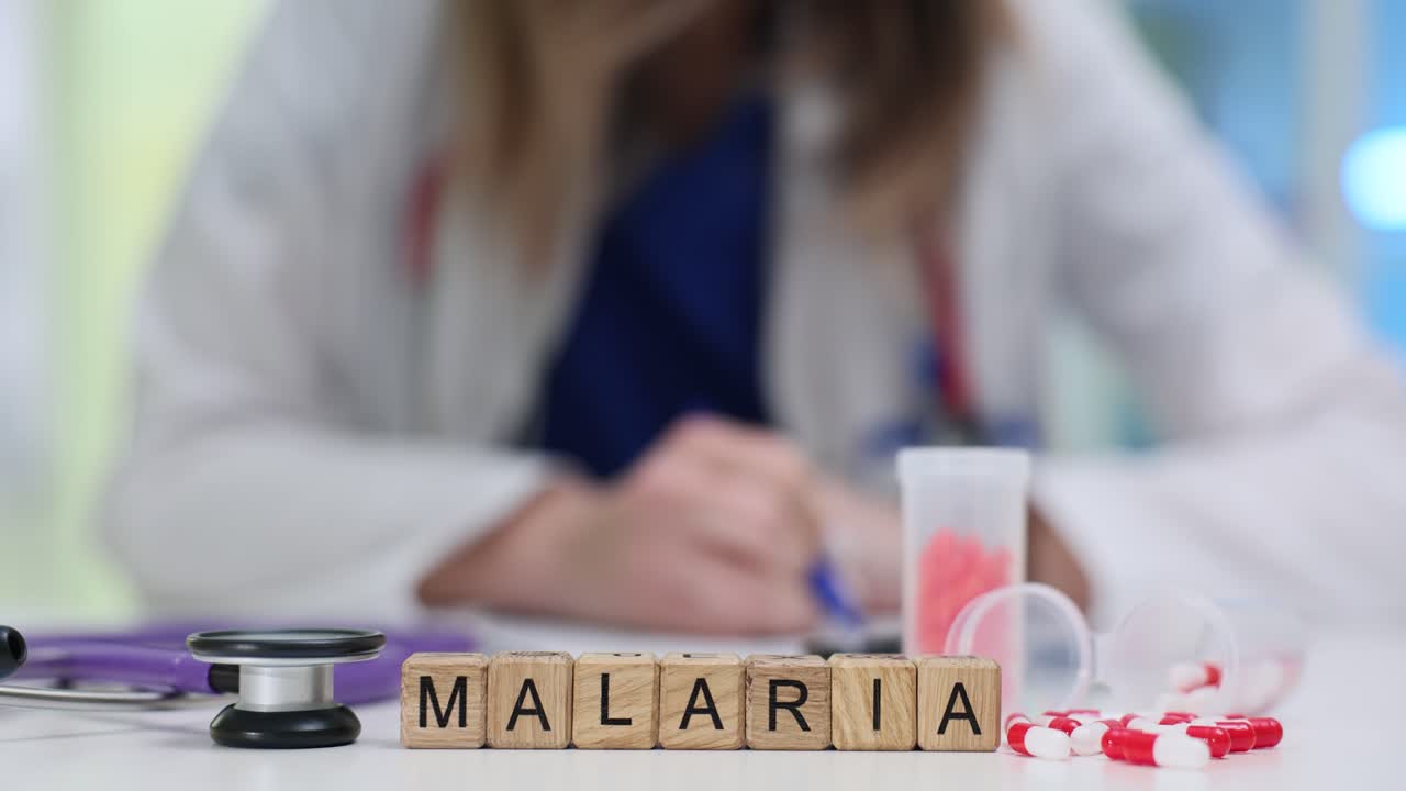 Blocchi di legno formano la parola 'malaria' vicino a capsule e uno stetoscopio.
