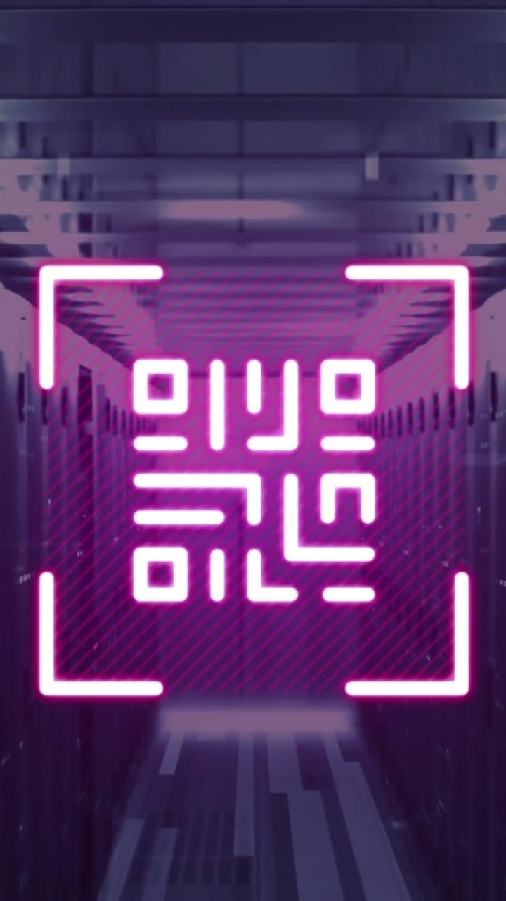 Animation of qr code and bars over corridor of server room in background