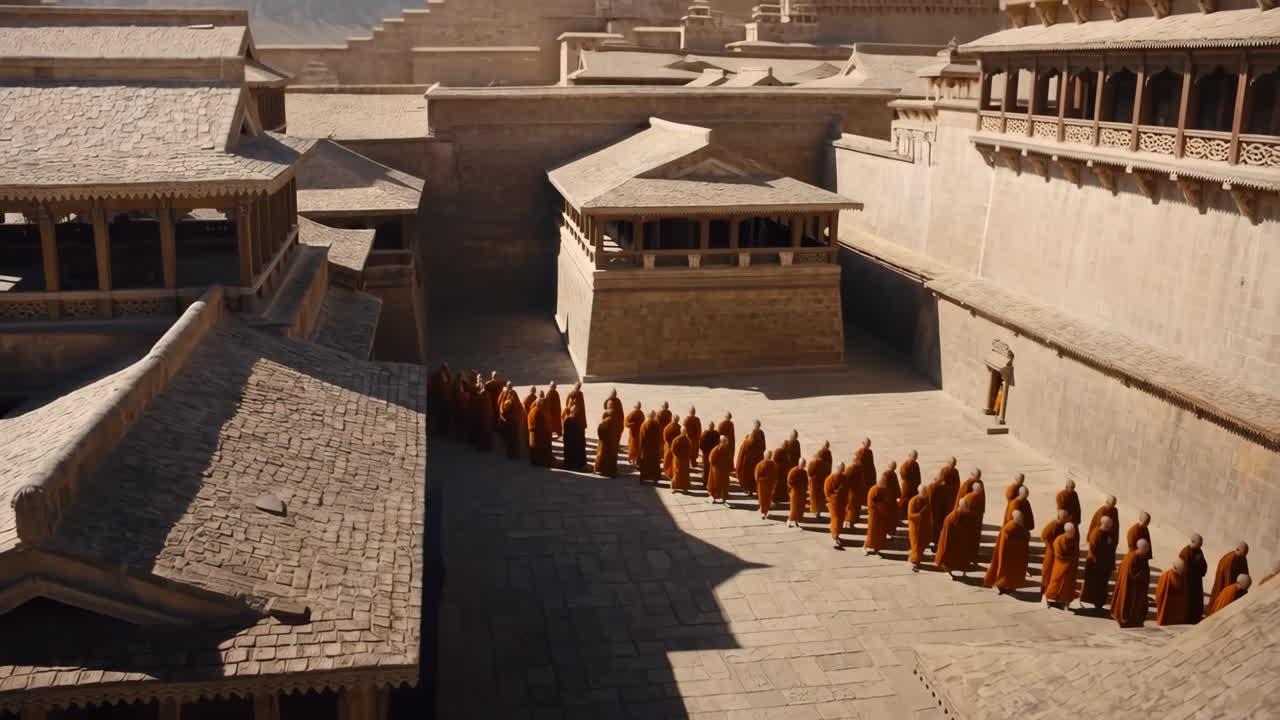 A line of monks in orange robes walks through an ancient monastery courtyard