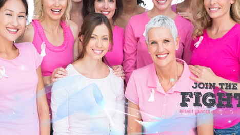 animación de cáncer de mama texto onda azul sobre un grupo diverso de mujeres sonrientes