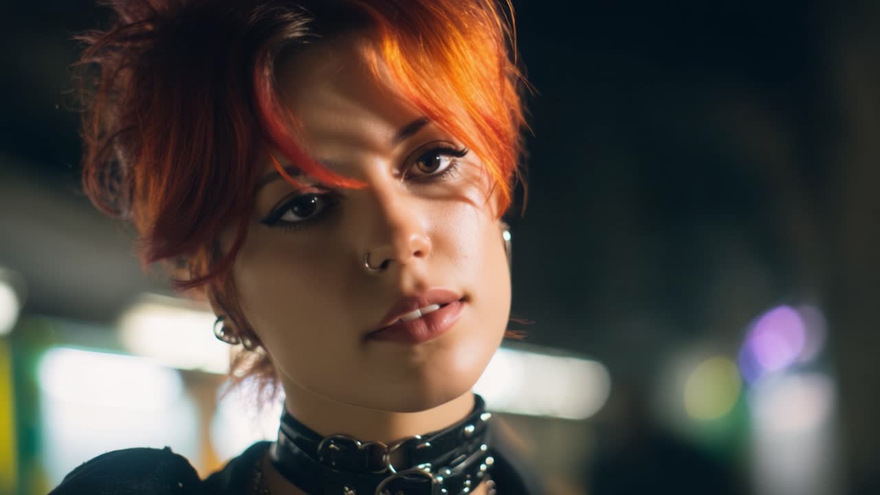 Glamorous Portrait of a Young Woman with Vibrant Red Hair and Edgy Accessories Capturing an Intense Expression in a Dimly Lit Urban Environment