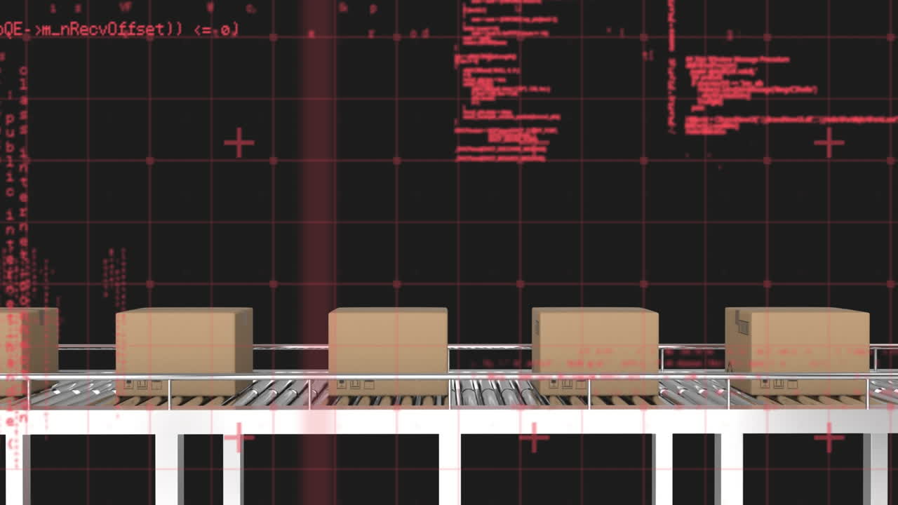 컨베이어 벨트에 있는 여러 배달 상자에 대한 그리드 네트워크를 통한 데이터 처리