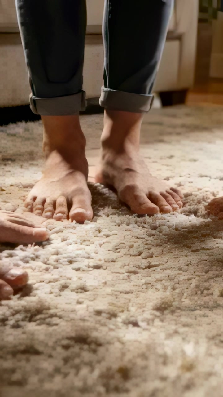 Vertical video: Opening frame person shifting stance on rug for balance, rolled jeans and bare feet