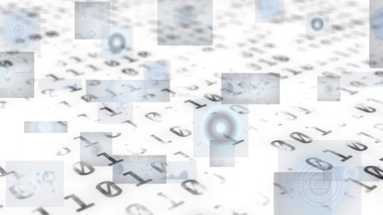 animación de números cambiantes y codificación binaria sobre pantallas sobre fondo blanco