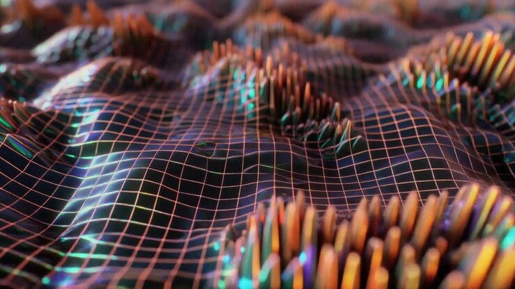 Abstract Digital Grid Surface with Rising Spikes and Wave Motion