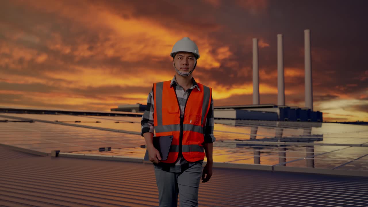 Forfra: Asiatisk mandlig ingeniør holder tablet, mens han går og inspicerer solpaneler på tag ved solnedgang