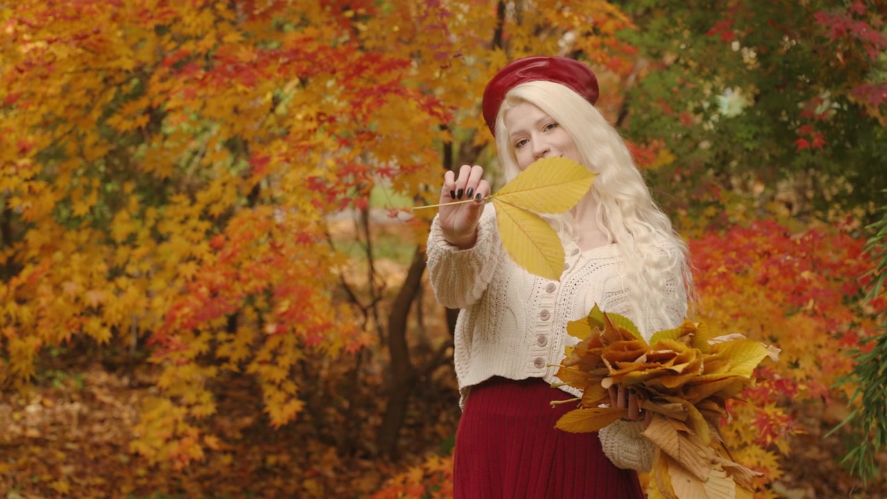 Donna lituana che mostra vivaci foglie autunnali color castagna nel Parco Forestale, festosa e colorata con un bellissimo cardigan