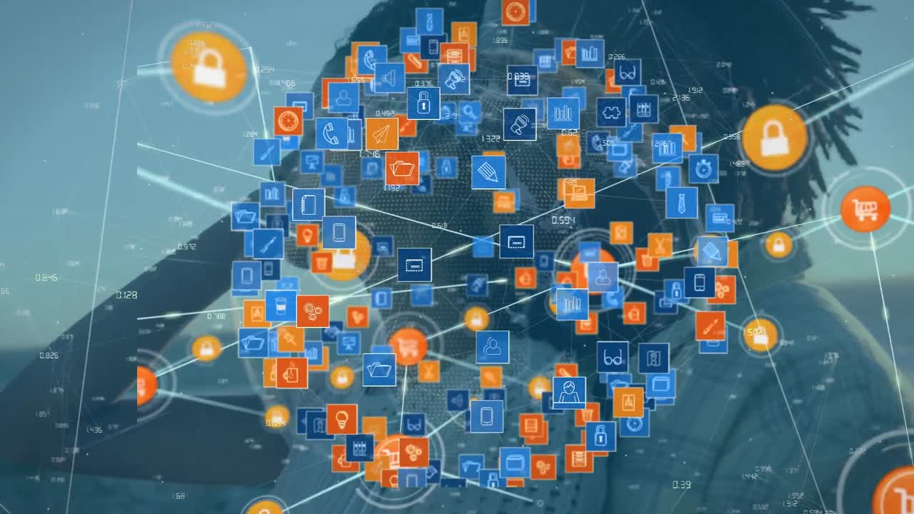 animación de la red de conexiones con iconos de los medios sobre el hombre afroamericano