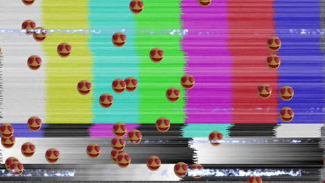 Digital-animation-of-multiple-heart-eyes-face-emojis-floating-over-tv-static-effect