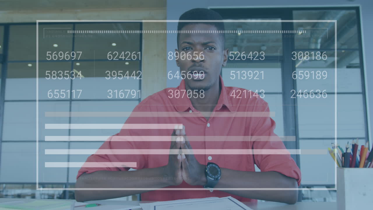 Animation of changing numbers over loading bars over african american man talking on video call
