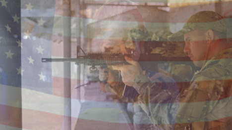 animation of flag of usa over diverse male soldiers using rifle