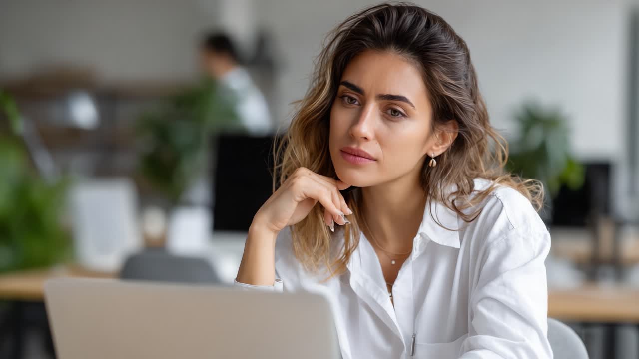 Donna Pensierosa in uno Spazio di Lavoro Che Interagisce con la Tecnologia: Un Ritratto di Riflessione e Concentrazione in un Contesto Moderno.