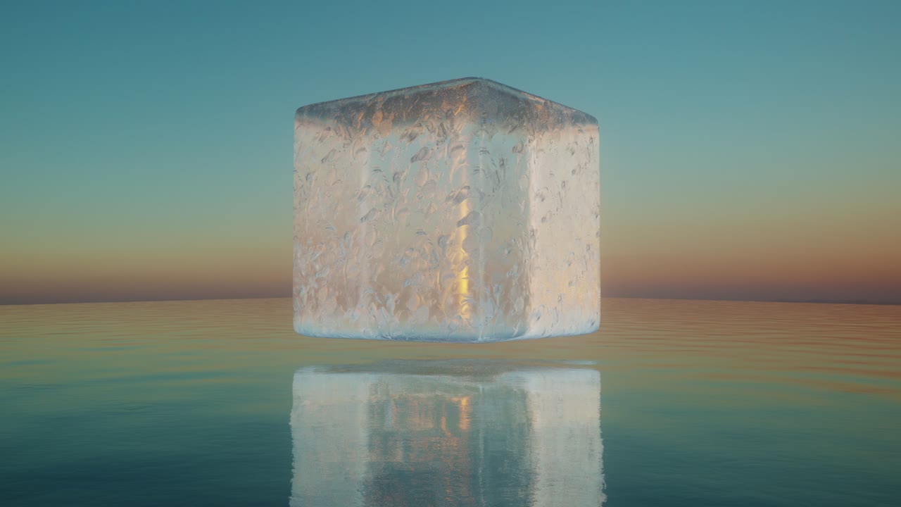 cubo de hielo girando sobre las aguas tranquilas del océano bucle