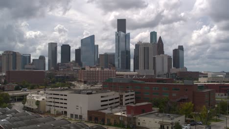 High-angle-4k-drone-view-of-downtown-Houston-at-sunset