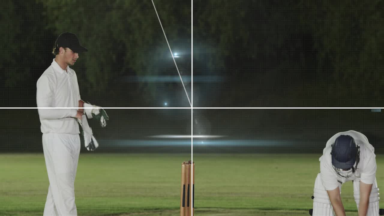Três jogadores de críquete verificando os stumps enquanto o batedor entra e se prepara para rebater, mira HUD centralizando