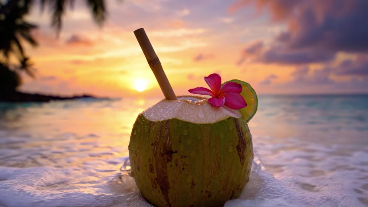 Una rinfrescante bevanda al cocco al tramonto: Godendosi la beatitudine tropicale con un bellissimo fiore e un'atmosfera da spiaggia panoramica, perfetta per il relax e la serenità.