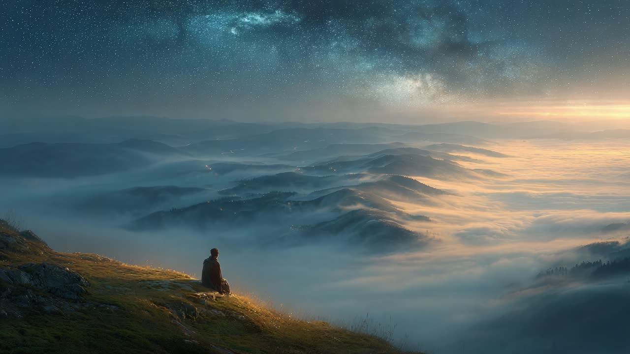 Reflexão tranquila: uma figura solitária observa um céu cósmico deslumbrante sobre montanhas envoltas durante o amanhecer encantador