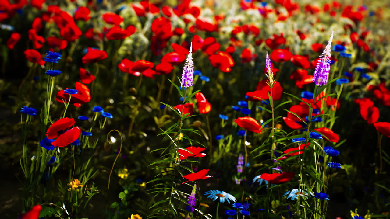 vibrante campo de amapola y cornflower floreciendo bajo la luz del sol en primavera