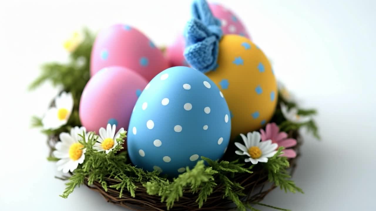 Colorful Easter eggs in nest. Brightly colored Easter eggs are arranged in a nest surrounded by flowers and greenery, celebrating springtime joy.