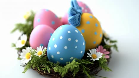 colorful easter eggs in nest. brightly colored easter eggs are arranged in a nest surrounded by flowers and greenery, celebrating springtime joy.