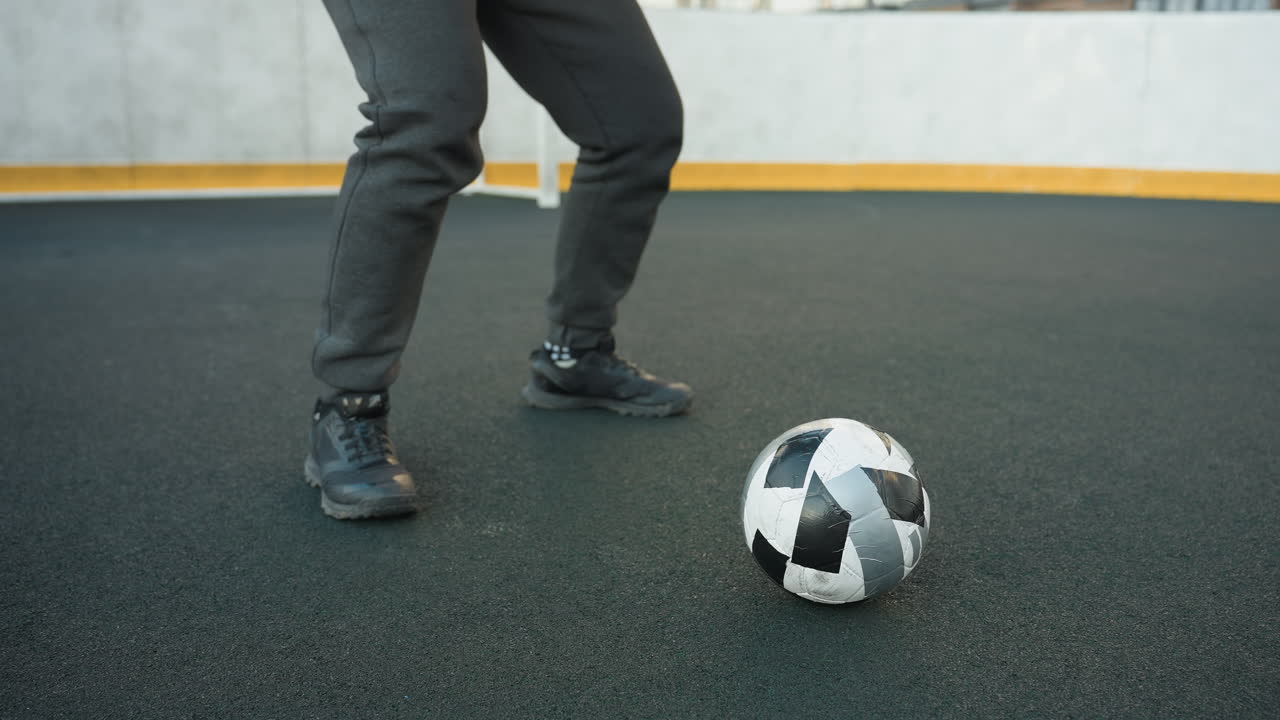 vista parcial de un atleta en posición de cuclillas con las manos juntas, realizando un entrenamiento intenso en un campo deportivo al aire libre, con una pelota de fútbol en el suelo