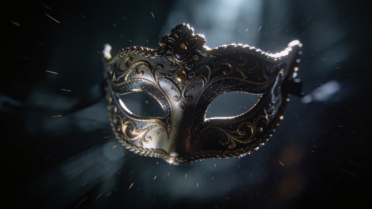 Luce di contorno che si intensifica, rivelando una maschera ornata in uno studio buio, creando una rivelazione cinematografica con polvere.