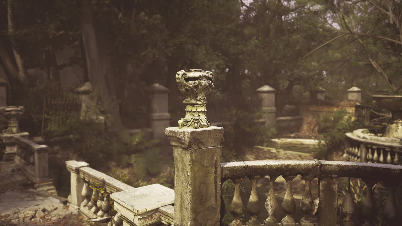 Giardino di tenuta incolto con sculture erose dalla nebbia e nebbia nel giardino.
