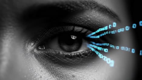 a close-up exploration of the human eye merging with digital elements, featuring binary code radiating from the iris in a stunning monochrome composition