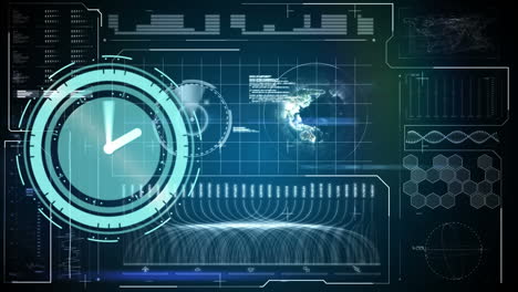 animación del reloj de neón sobre la interfaz con el procesamiento de datos contra un fondo azul