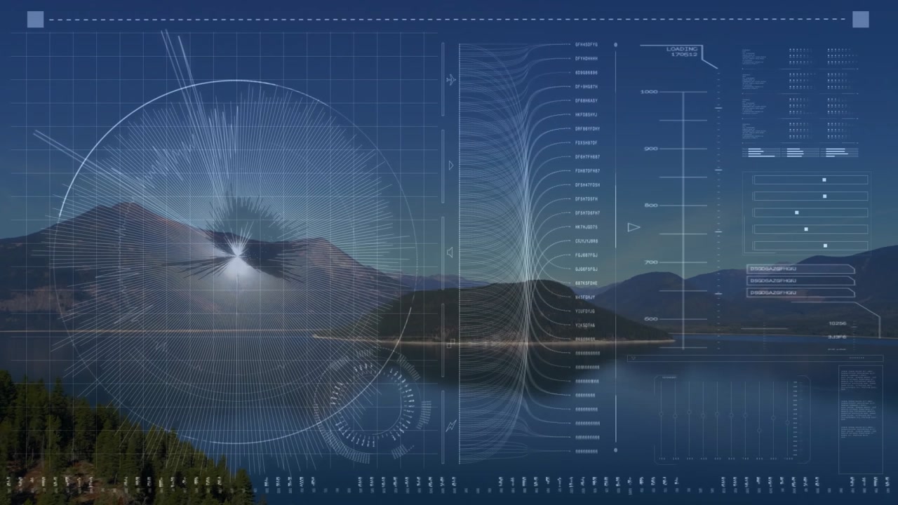 HUD overlay appearing over lake, waveform sweeping bars pulsing while gauge rotating for live data