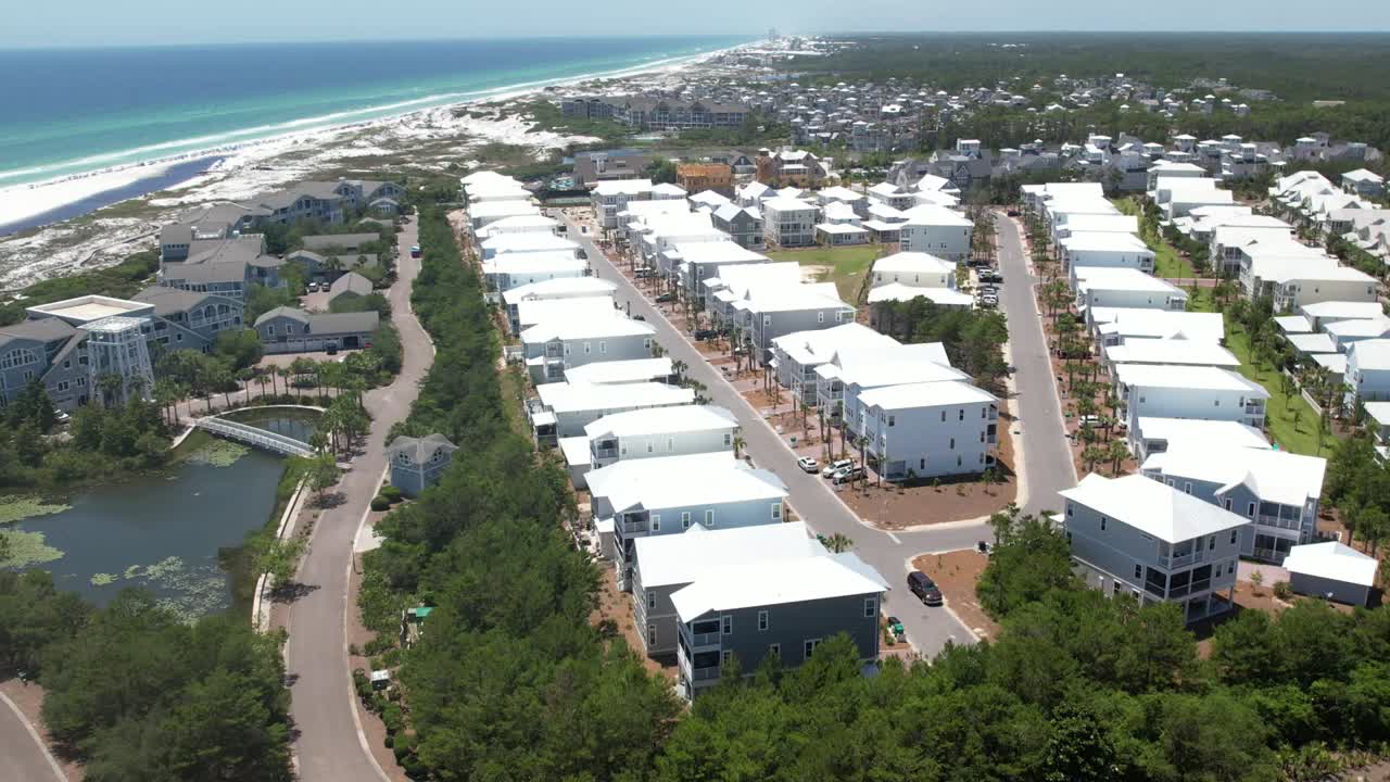 Rows Of Beachfront Houses Near Seacrest Beach And Walton Dunes In Panama City Beach, Florida, USA. - aerial