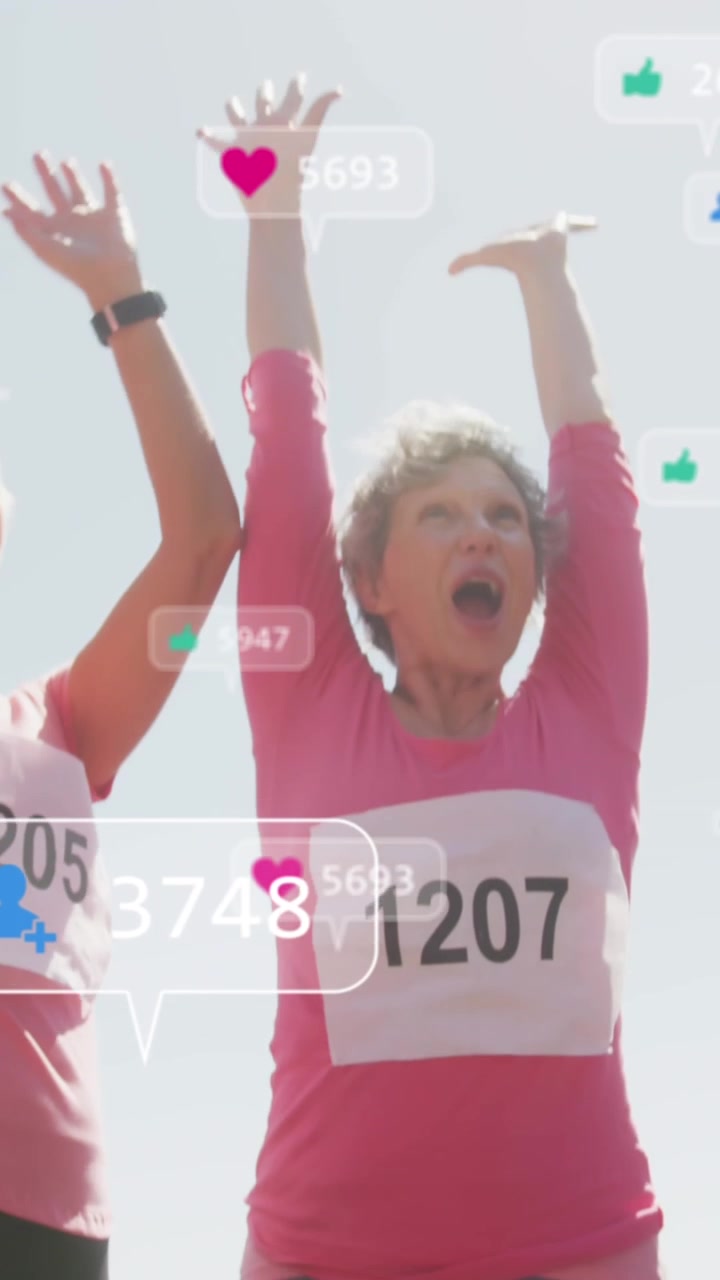 Animazione di notifiche dei social media, su atlete che uniscono le mani dopo la gara