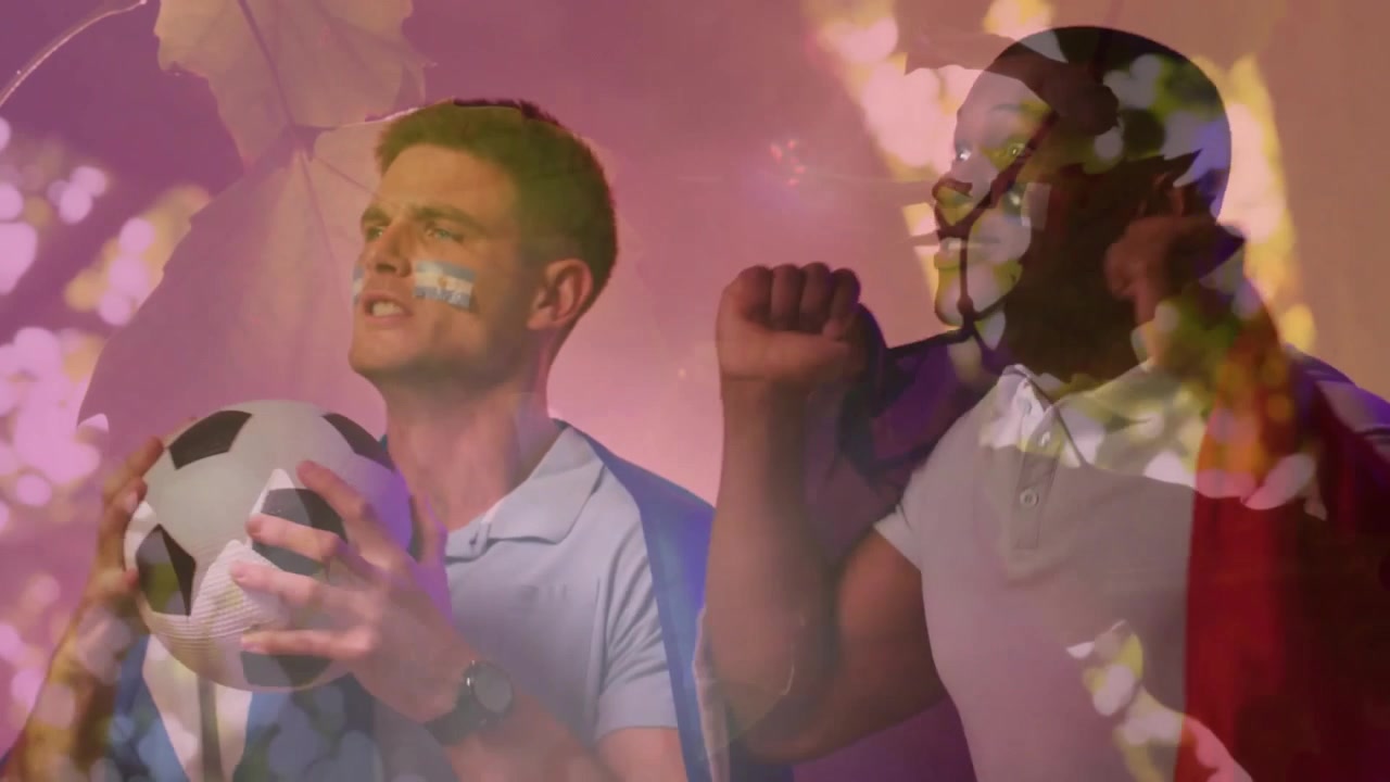 Two friends reacting to soccer goal, shifting to celebration in studio with drifting leaf pattern