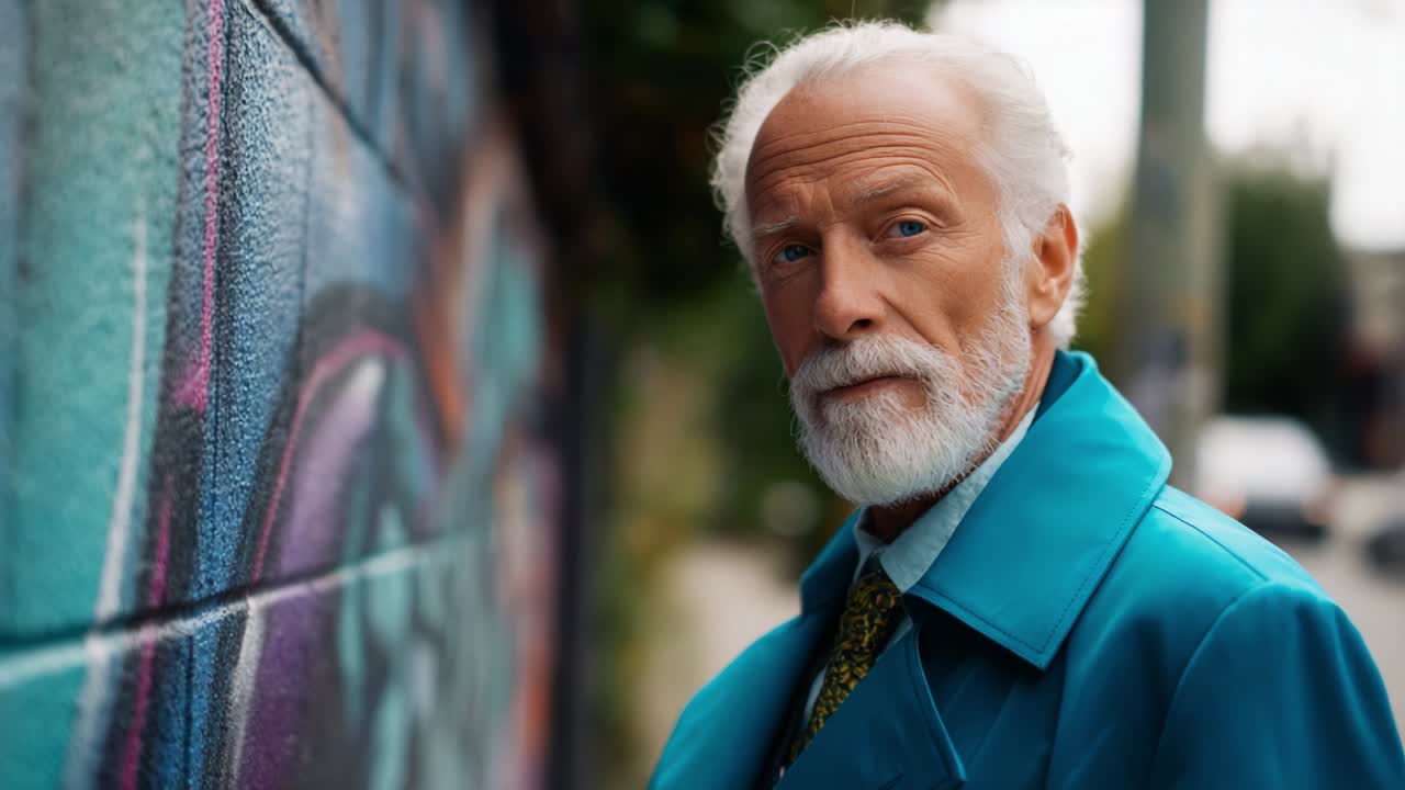 A Thoughtful Older Man in a Turquoise Coat Stands Against a Graffiti Wall, Looking Reflective as He Appreciates Urban Art and Its Vibrant Colors, Capturing a Moment of Quiet Contemplation in the City