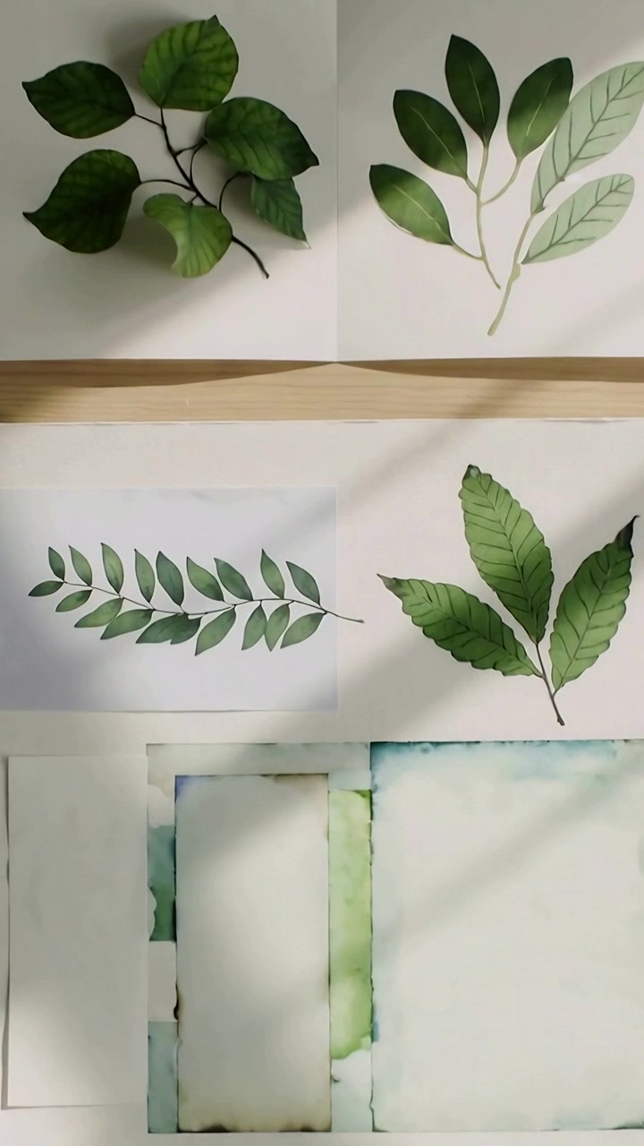 Video verticale: Telecamera in panoramica che mostra un quaderno da disegno e un'opera d'arte con un ramo su un tavolo sotto la luce della finestra