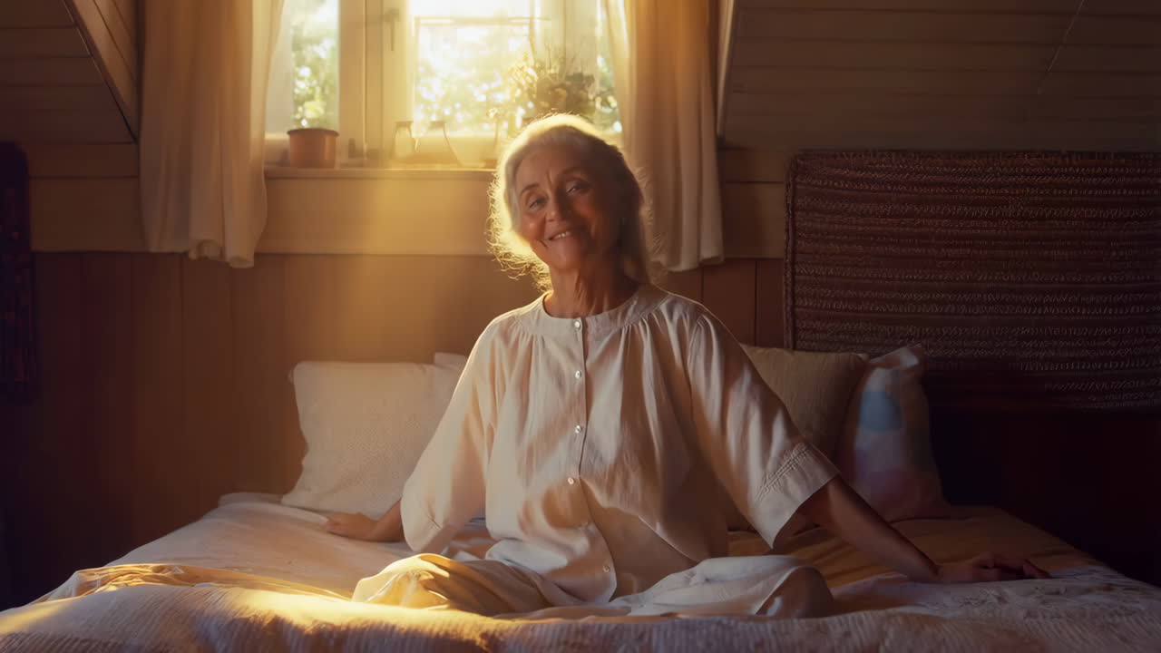 Elderly Woman Stretching and Waking Up in Sunny Bedroom
