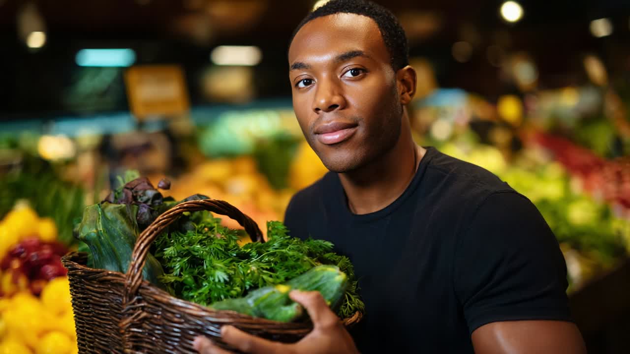 A confident individual proudly displays a basket of fresh, vibrant vegetables, showcasing a commitment to health and nutrition amidst a colorful, bustling marketplace filled with various produce options
