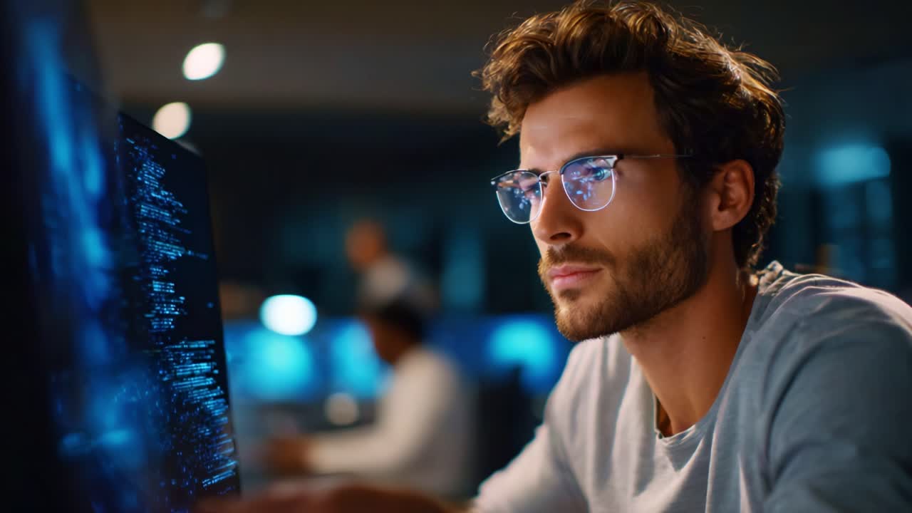 Focused Young Man in Glasses Working on Computer with Code on Screen, Engaged in Programming Task in Modern Office Environment Amidst Dim Lighting