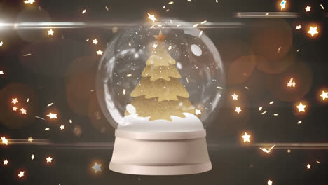 Animation-of-gold-christmas-tree-in-snow-globe,-with-light-trails-and-falling-stars,-on-dark-sky