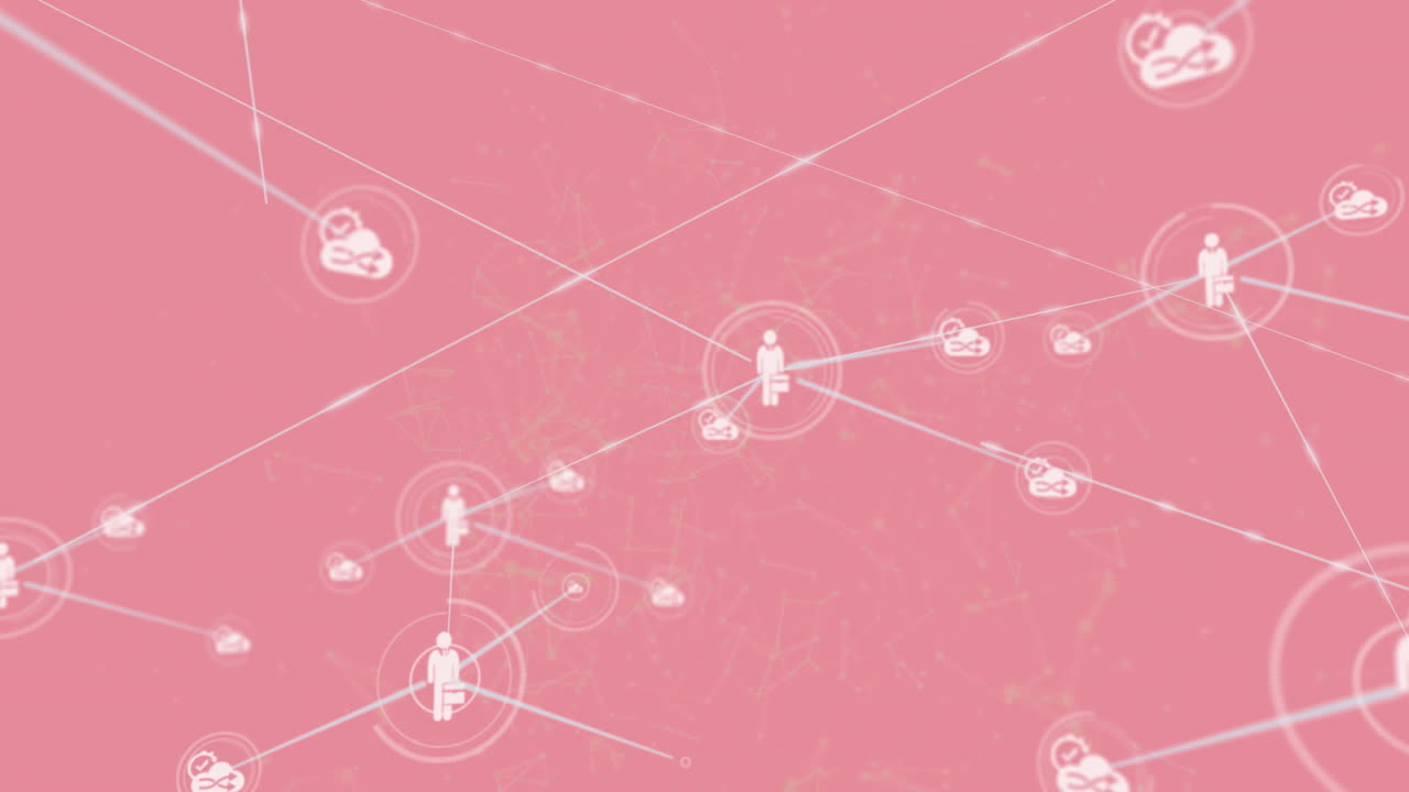 animación de la red de conexiones y procesamiento de datos sobre un fondo rosado