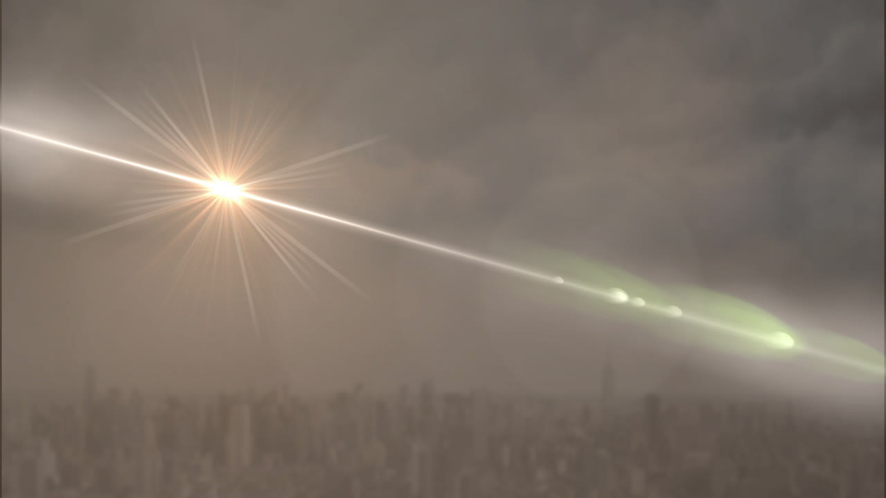 Animation of starburst effect over city skyline under cloudy sky