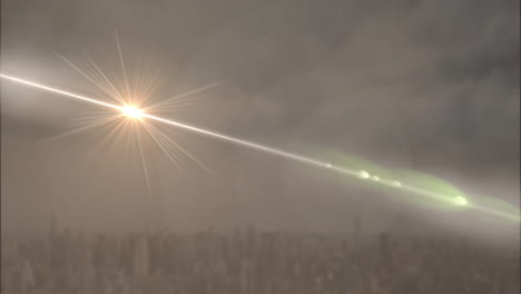 animation of starburst effect over city skyline under cloudy sky