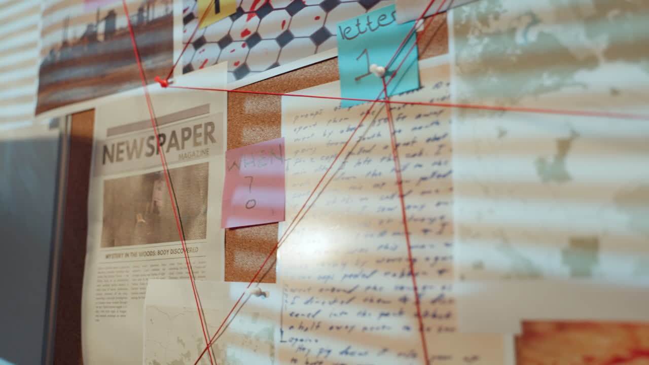 Crime Investigation Board with Red String and Evidence