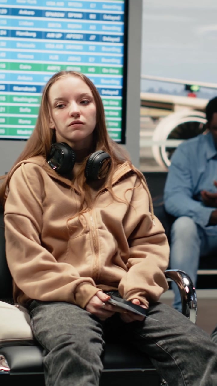 Vertical video Young woman in airport lounge looking at airplane ticket