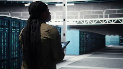 data center technician using machine learning on tablet to optimize operations