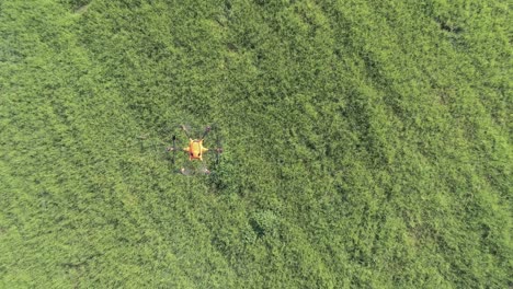 aerial drone view of hexacopter flying over grasy field