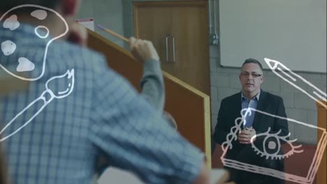 múltiples iconos de concepto de arte contra contra profesor masculino caucásico enseñando a estudiantes en la universidad
